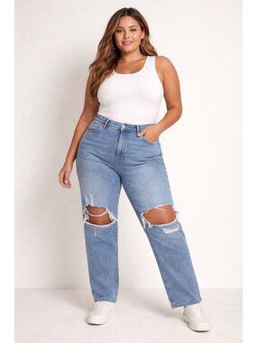 American Eagle Mom Jeans distressed straight-leg jeans in a light blue wash 16